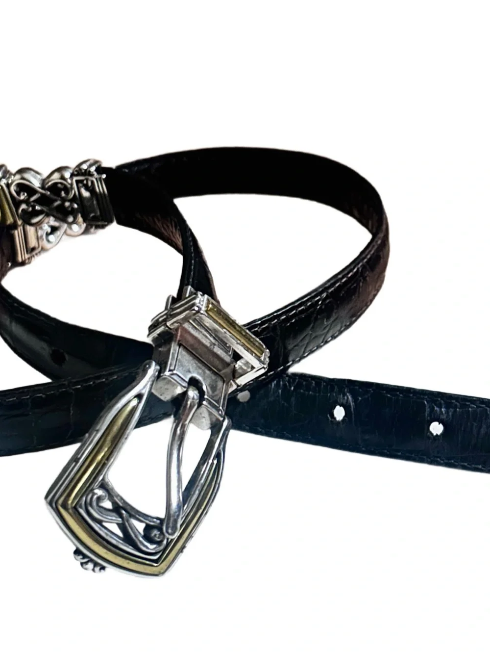 Brighton ~ Medium Reversible Black/Brown Leather W/Silver & Gold Medallion Belt